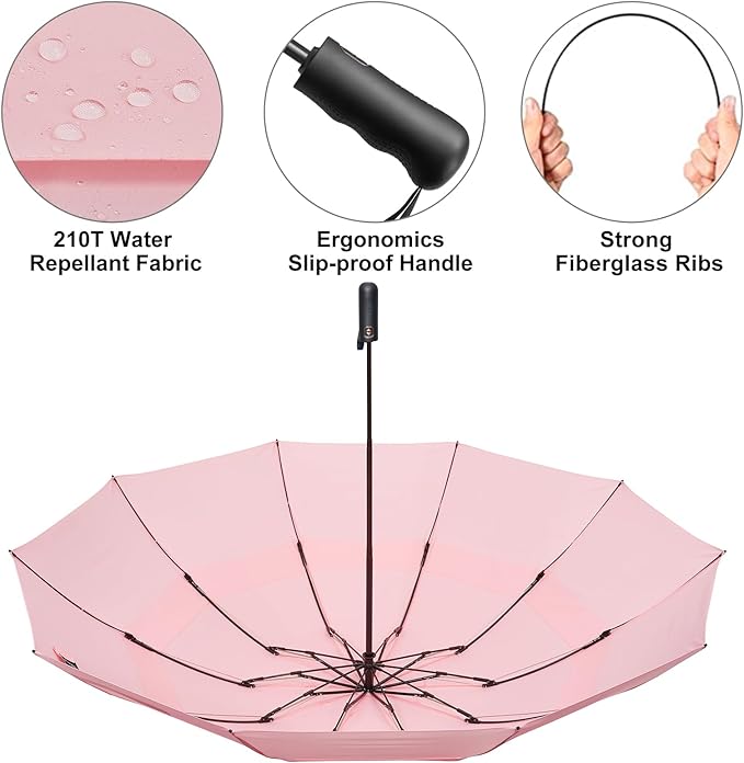 G4Free 42 Inch Inverted Travel Umbrella Compact Windproof 10 Ribs Reverse Small Portable Umbrella for Rain Double Canopy Vented Automatic Open Close for Women(Pink)