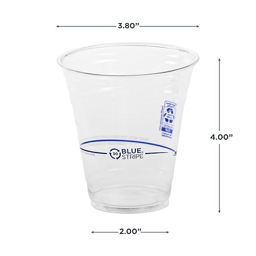 ECO PRODUCTS BlueStripe Recycled 12oz Plastic Cups, Case of 1000, Made from 30% Post-Consumer Recycled Plastic Bottles, Recycled PET (rPET) For Cold Drinks & Snacks, Clear For Visibility