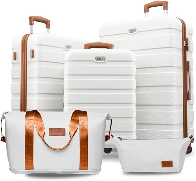 AnyZip Luggage Set 5 Piece PC ABS Hardshell Lightweight Suitcases for Travelling with 4 Universal Wheels TSA Lock Carry on Suitcase White Brown