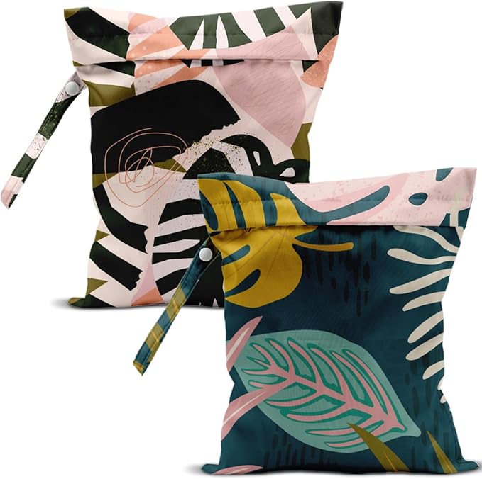 2 Pcs Wet Bag, Waterproof Wet Dry Bag, Small Laundry Bag, for Swimsuit, Pool, Travel, Beach, Diapers, Dirty Yoga Gym Clothes, Makeup Bags for Travel, Tropical Palm Leaves Decor Jungle