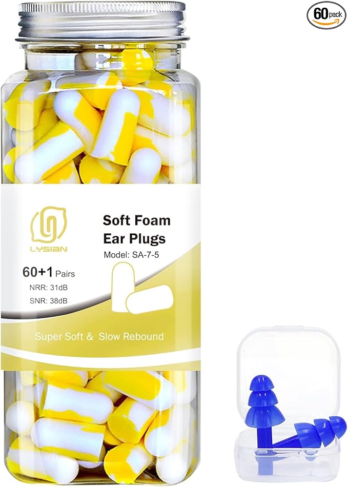 LYSIAN Foam Earplugs - 60 Pairs, 38dB Ear Plugs for Sleeping Noise Cancelling, Mowing, Shooting,Double Color Yellow/White
