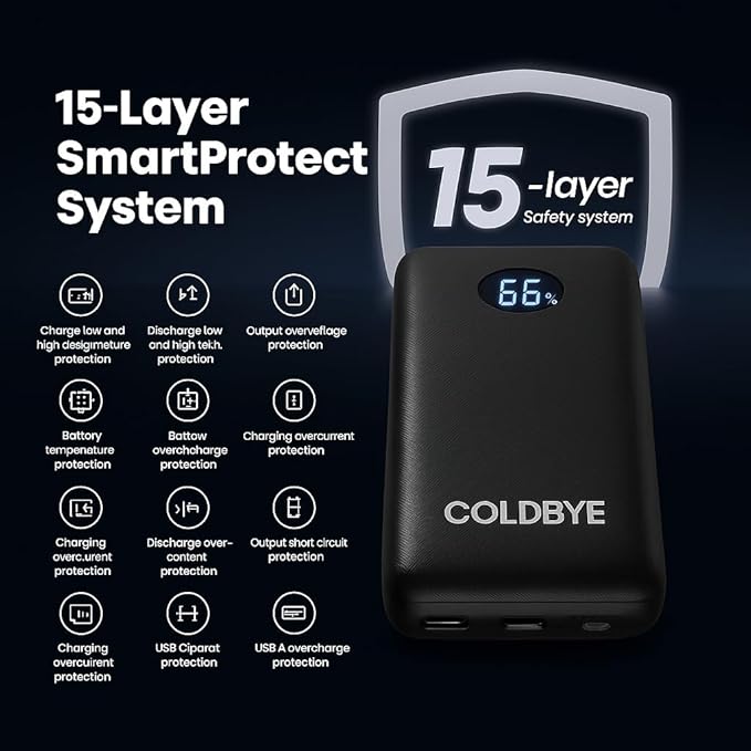 ColdBye Mini 𝟏𝟎𝟎𝟎𝟎𝐦𝐀𝐡 5V 2A/3A 7.4V/3A Heated Vest Battery Pack Compatible with Major Heated Clothing Brands, Ultra-Light Portable, USB, Type-C and DC Ports