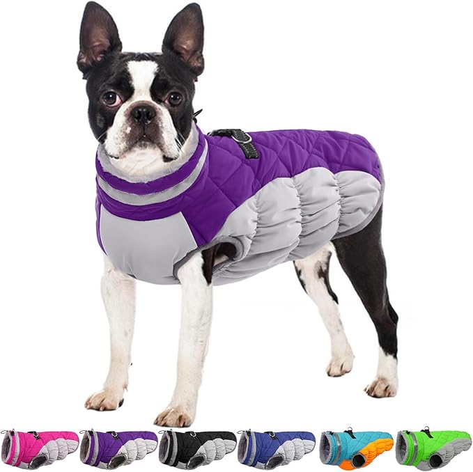 OUOBOB Winter Dog Coat,Large Dog Jacket,Waterproof Pet Jacket with Back Zipper,Pet Coat with Harness Built in,Warm Dogs Coat with Fleece Lined, Snow Jacket Clothes French Bulldog Shiba Inu,Purple,L