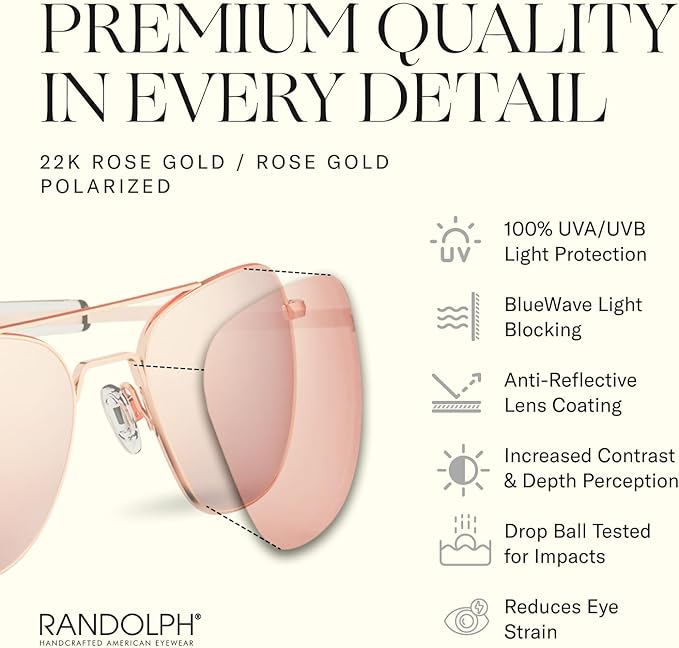 Randolph Eyewear Aviator Sunglasses for Men & Women – Non-Polarized & Polarized Lenses, 23k Gold UV Protection Sunglasses