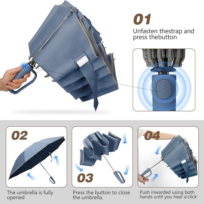 TOPSAIL 10 Ribs Inverted Umbrella with Carabiner Handle, Large Strong Windproof Umbrellas for Rain & Sun, 49" Portable Reverse Folding Compact Travel Umbrella with Safe Reflective Strip, for Women Men