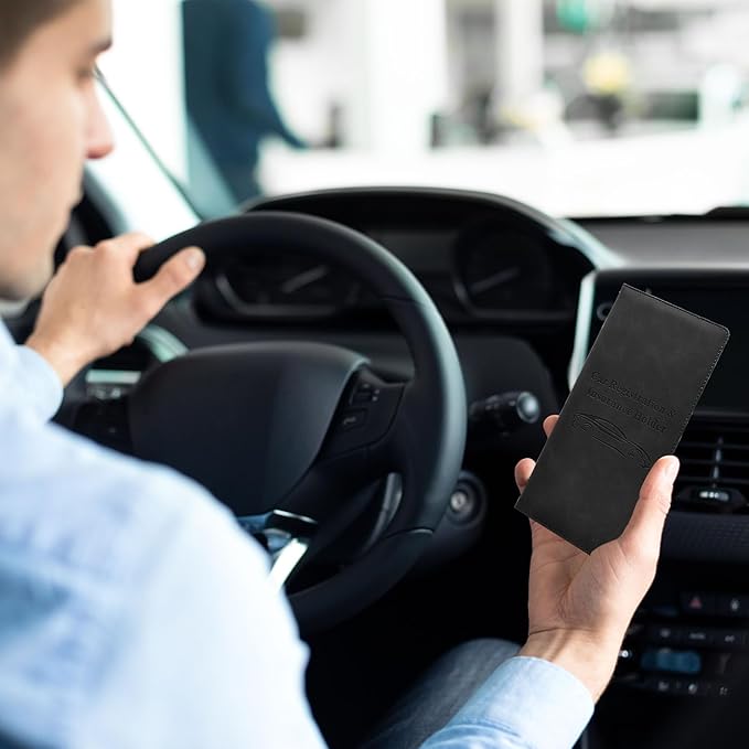 Car Registration and Insurance Card Holder - Vehicle Glove Box Document Organizer - Premium PU Leather Wallet Case - Driver License - Black