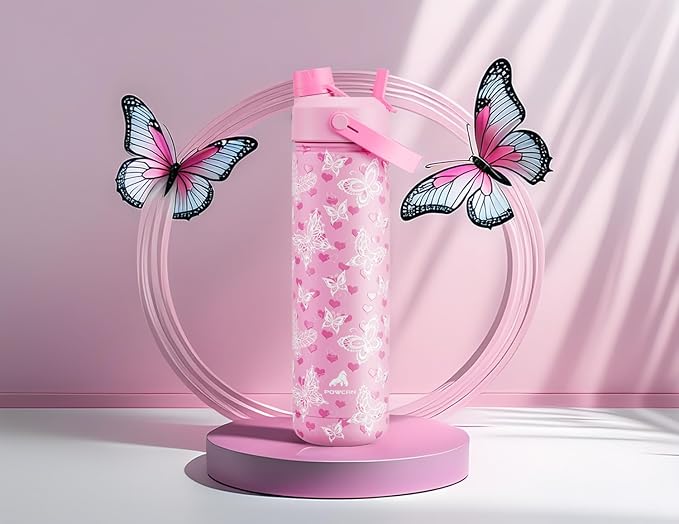 POWCAN 26 oz Insulated Water Bottle with 2-in-1 Straw and Spout Lid, Keep Cold 24H, Leak-Proof, Fits in Car Cup Holder, Stainless Steel Water Bottle for Sports, Travel, and School (Fluttering Amour)