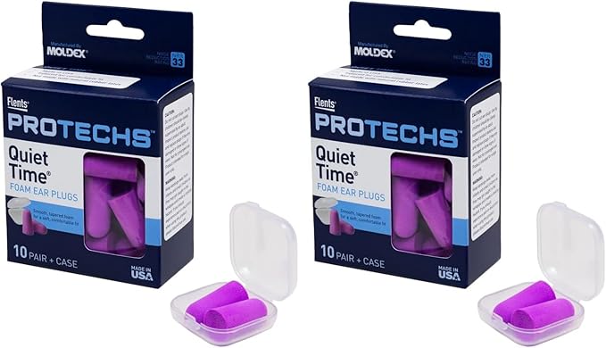Flents Foam Ear Plugs, 10 Pair with Case for Sleeping, Snoring, Loud Noise, Traveling, Concerts, Construction, & Studying, NRR 33, Purple, Made in The USA,10 Count (Pack of 2)