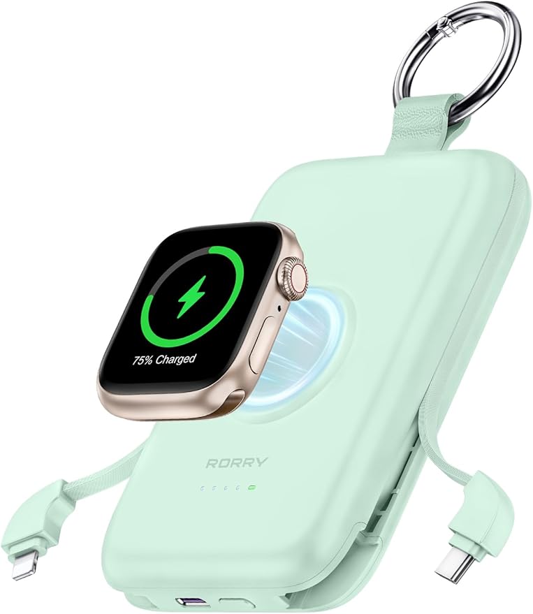 RORRY Portable Charger, 10000mAh PD 20W Fast Charging Portable Charger Power Bank with Built in Cables, Travel Battery Pack for iPhone 17/16/15/14/13/12 and Apple Watch Ultra/11/10/9/8/7/6/5, Green