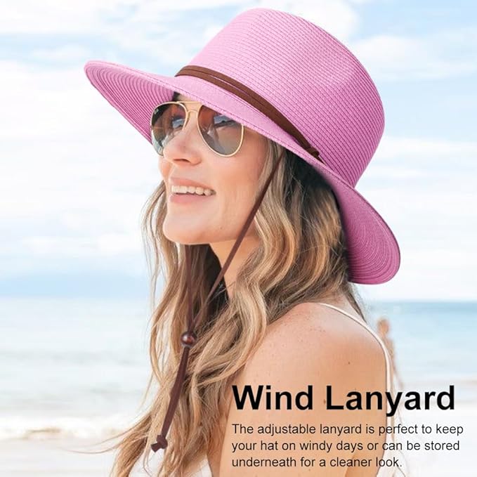 DRESHOW Women Straw Panama Hat Travel Fedora Beach Sun Hat Summer Wide Brim Straw Roll up Hat UPF 50+