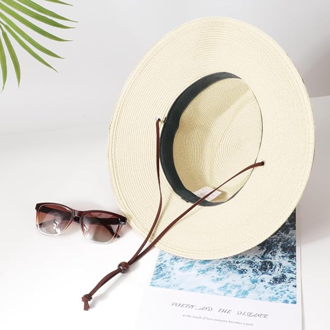 DRESHOW Women Straw Panama Hat Travel Fedora Beach Sun Hat Summer Wide Brim Straw Roll up Hat UPF 50+