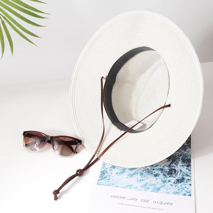 DRESHOW Women Straw Panama Hat Travel Fedora Beach Sun Hat Summer Wide Brim Straw Roll up Hat UPF 50+