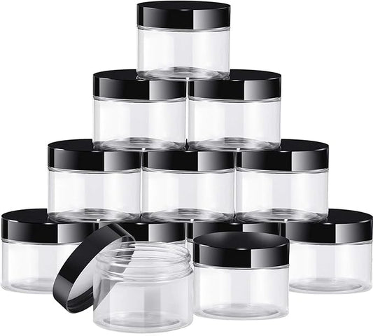 SATINIOR 12 Pack 6 oz Plastic Container Jars with Lids Round Clear Travel Cosmetic Container Slime Jars for Toiletries, Lotion, Cream, Ointments, Makeup, Rhinestone, Samples, Kitchen Storage(Black)