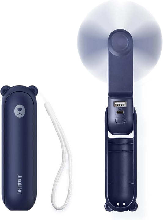 JISULIFE Handheld Mini Fan, 3 IN 1 USB Rechargeable Portable Fan [12-19 Working Hours] with Power Bank, Flashlight, Pocket Design for Travel/Summer/Concerts/Lash, Gifts for Women (Dark Blue)