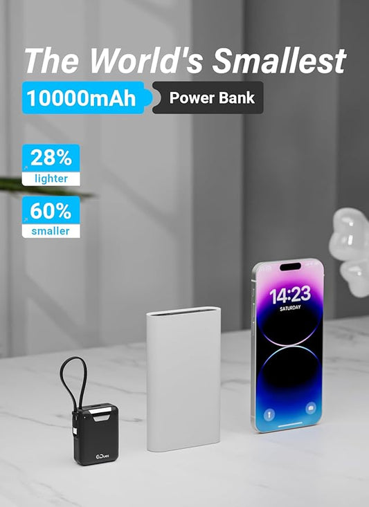 Mini Portable Charger, 10000mAh Ultra-Compact Power Bank, 22.5W PD Fast Charging, Tpye-C Built-in Cable, Small Size External Battery Pack for iPhone, Samsung, Android iPad (Black)