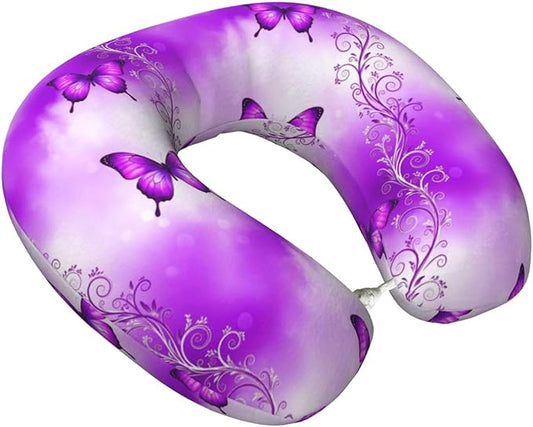Comfortable Memory Foam Neck Pillow Purple Butterfly Art, Travel U Shaped Airplane/Car/Flight Pillows with Removable Zipper Cover, Chin Head Neck Support Cushion