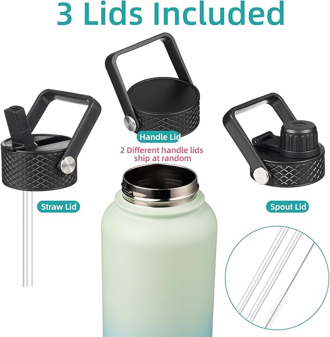 40oz Insulated Water Bottle Stainless Steel Sport Bottles with 3 Lids,Mint