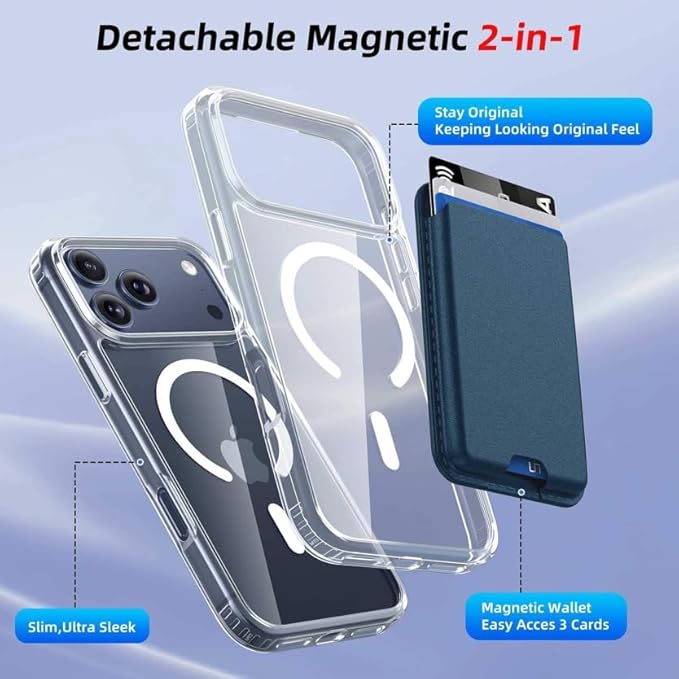 Ntwinro Magnetic for iPhone 17 Pro Clear Case (Compatible with MagSafe) with Blue Detachable Wallet & Card Holder for 3 Cards [RFID Blocking] Military Grade Protective Slim Phone Cover