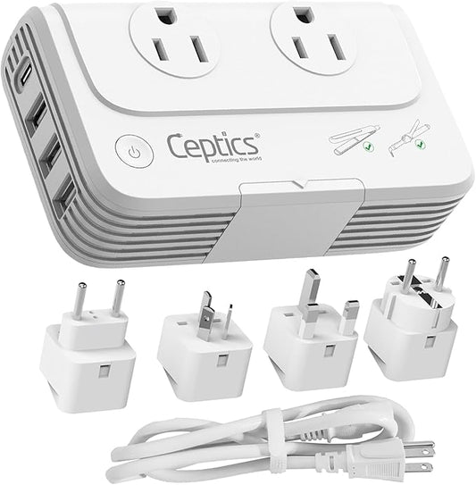Ceptics 200W 220v to 110v converter, Step Down Voltage Converter for Curling Iron, Straightener, Charger, Travel Adapter and Voltage Converter, 3 USB-A, USB-C PD 18W, Type C, E/F, G, I, Plugs included
