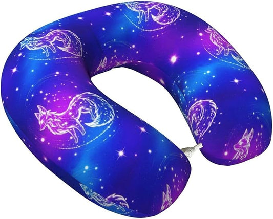 Travel Neck Pillow for Pain Relief Sleeping, Galaxy Wolf, Comfortable Memory Foam Chin Head Cushion Support with Zip Cover, Fashion Car Flight Pillows