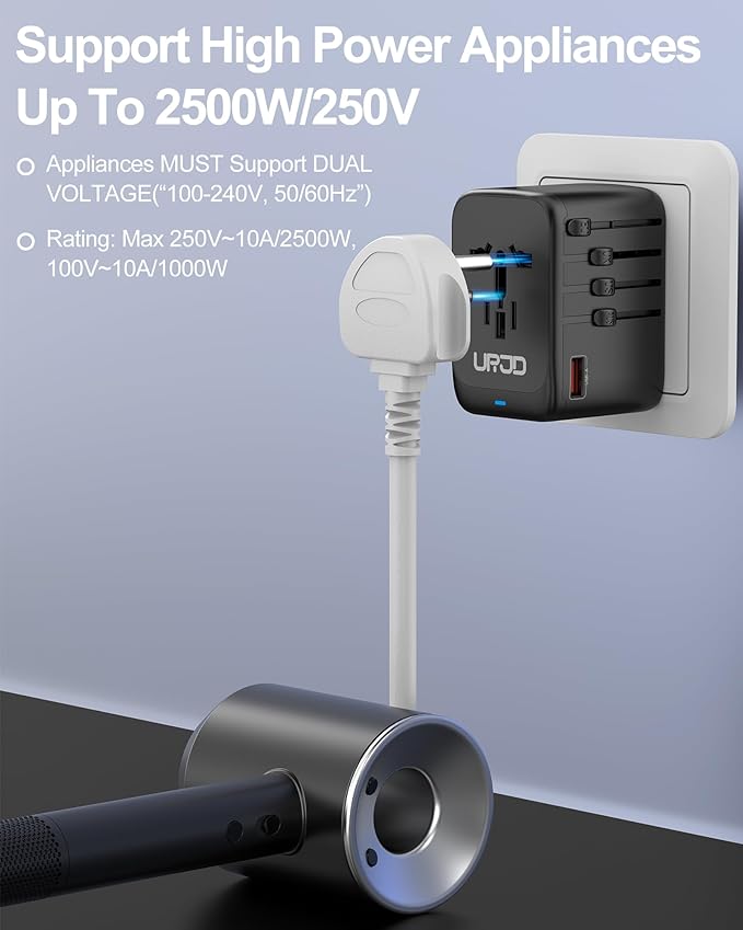 Universal Travel Adapter GaN 65W Fast Charger, 3 USB C(Each/GaN 65W) & 1 USB A(PD 45W) Ports & 2500W AC Outlet, International Power Adapter High Power Travel Plug Adapter for Europe UK US AUS