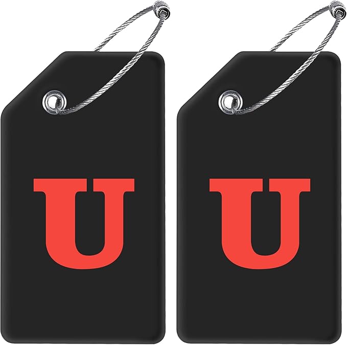 Gostwo 2 Pack Silicone Luggage Tags for Suitcases, 26 Initial Letter Baggage Labels Handbag School Bag Suitcase Instrument Tag with Stainless Steel Loop(Black)(Letter U)