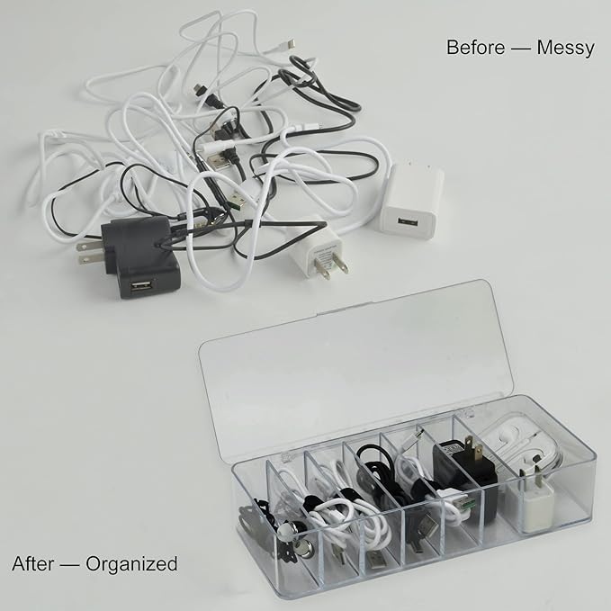 Electronics Organizer 7 Sections Clear Acrylic Cable Storage Bin Box Cord Holder with 20 PCS Reusable Fastening Fabric Cable Ties Straps Cord Wraps (7 Sections/with Cover)