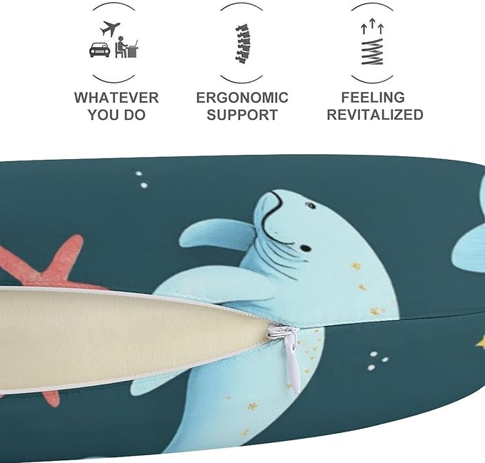 Kids Washable U-Shaped Travel Pillow Neck Support, Manatee Animals U-Shape, Airplane Car Nap Chin Cushion