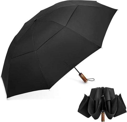 G4Free 54 Inch Inverted Windproof Umbrella with Wooden Handle, Large Double Canopy Auto Open & Close Golf Umbrella, Portable & Durable Rain Umbrella, Fits Car & Backpack