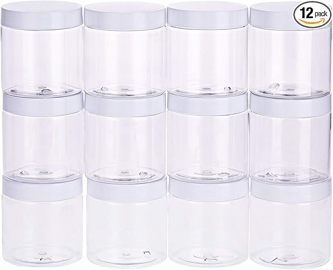 SATINIOR 12 Pack 8 oz Plastic Container Jars with Lids Round Clear Travel Cosmetic Container Jars for Toiletries, Lotion, Cream, Ointments, Makeup, Rhinestone, Samples, Kitchen Storage(White)