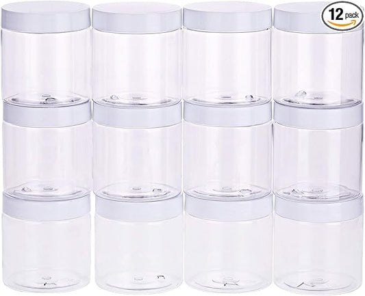 SATINIOR 12 Pack 8 oz Plastic Container Jars with Lids Round Clear Travel Cosmetic Container Jars for Toiletries, Lotion, Cream, Ointments, Makeup, Rhinestone, Samples, Kitchen Storage(White)