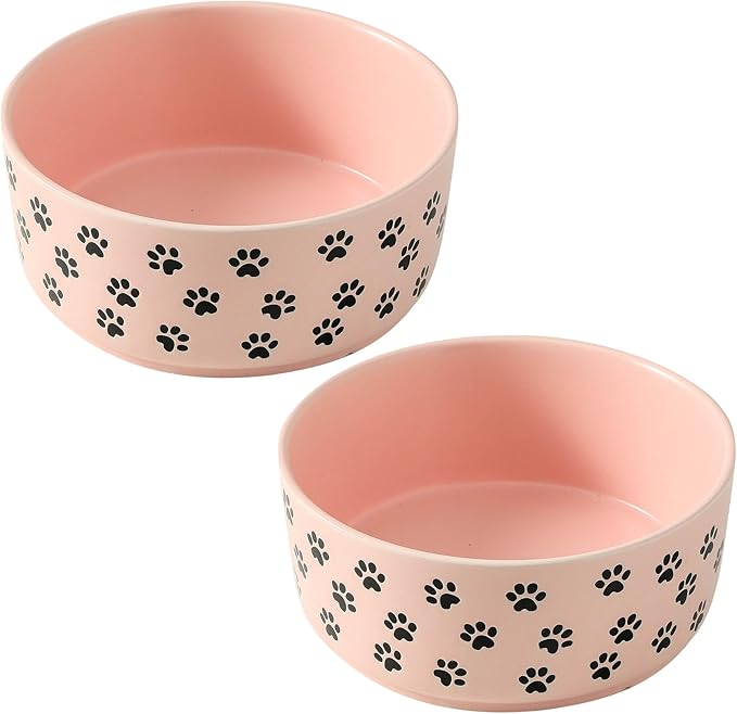 UBEE 6.5 inch Dog Bowls Set of 2, Ceramic Dog Food Water Bowl Dishes with Paw Pattern, Pet Food Water Dish Feeding for Small and Meidum Dogs and Large Cat, Pink