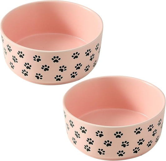 UBEE 6.5 inch Dog Bowls Set of 2, Ceramic Dog Food Water Bowl Dishes with Paw Pattern, Pet Food Water Dish Feeding for Small and Meidum Dogs and Large Cat, Pink