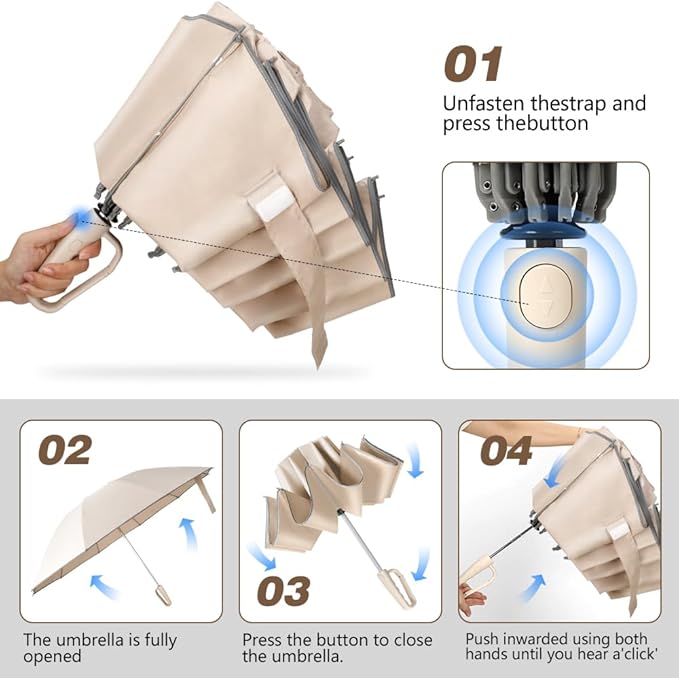 TOPSAIL 10 Ribs Inverted Umbrella with Carabiner Handle, Large Strong Windproof Umbrellas for Rain & Sun, 49" Portable Reverse Folding Compact Travel Umbrella with Safe Reflective Strip, for Women Men