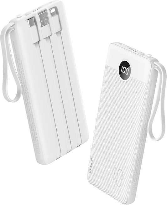 VRURC Power Bank for iPhone, 10000mAh USB C in & Out Cord Portable Charger, 22.5W Fast Charging Phone Charge with Built-in Cables, Slim Lightweight Charging Bank Travel Essentail-White(1 Pack)