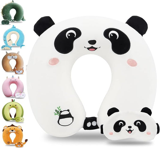 Sexysamba Cartoon Headrest & Neck Pillow for Kids Boys & Girls, Teens, Travel Accessories for Airplane, Car, Recline, Memory Foam Cute Travel Pillow with Sleep Eye Mask - Panda