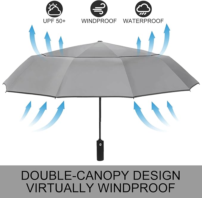Satol Extra Large Golf Umbrella, 46/54/62 Inch Windproof 10 Ribs Vented Double Canopy Reflective Strips Automatic Open/Close Waterproof UV Protection Portable Compact Umbrella for Outdoor & Travel