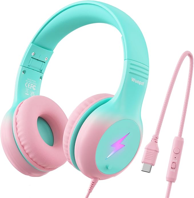 Kids USB C Headphones for School, 2025 Upgrade Safe Listening Wired Over-Ear Headphones with LED Lights, Volume Limiter & Microphone, Foldable Design for iPhone 16, iPad, Tablet (Green Pink)