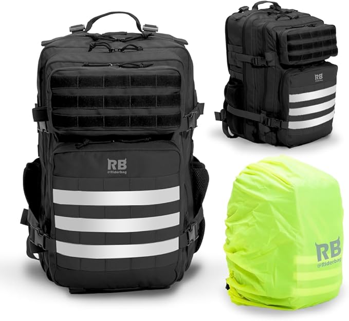 Xtreme 45L Tactical Backpack – Large Travel and Hiking Pack with 16 inch Laptop Sleeve, Stick Holder, Double Bottle Pockets, Recycled Fabric Shell, Rain Cover (Black)