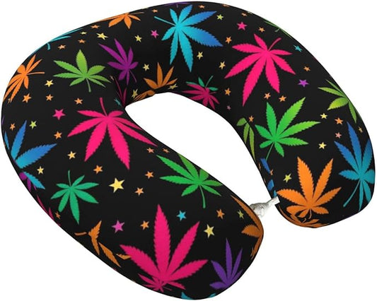 Unique Travel U Shaped Pillows Neon Weedleaf Trippy Leaves for Airplanes Car Flight, Comfortable Chin Head Neck Cushion Supporting, Polyester Removable Cover