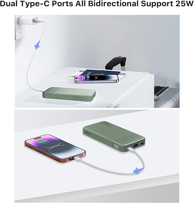 NOBIS Portable Charger, 10000mAh Power Bank Fast Charging, Battery Pack with C to C Cable, Battery Bank with Digital Display for iPhone iPad Android etc (Green, 25W)