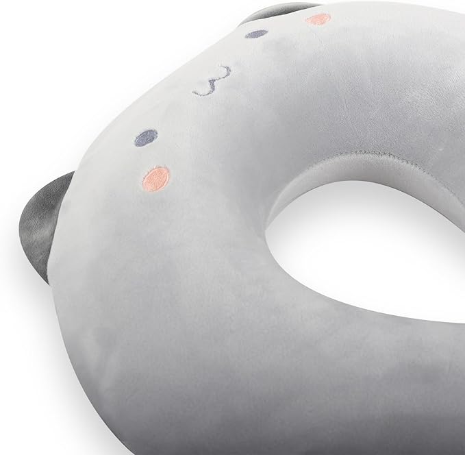 Kids Neck Pillow for Travel with Sleep Eye Mask, Cute Travel Neck Pillow, Memory Foam Flight Sleeping Headrest Pillow for Boys & Girls, Airplane, Train, Car, Home Use - Grey Cat
