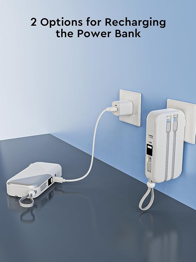 10000mAh Portable Charger Power Bank with Built-in Cable 27W Portable Charger with Wall Plug Portable Cell Phone Charger for iphone Mobile Charger Power Bank for Android Galaxy Android etc, White