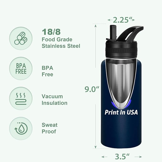 Personalized Custom Water Bottle Print in USA 32oz Stainless Steel Double Wall Coffee Cup with Lid & Straw Insulated Tumbler with Colorful Text Logo Photo 25Pcs