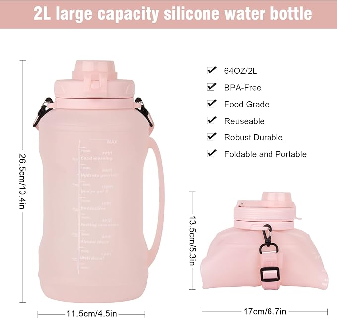 Collapsible Water Bottles, 2L/64OZ travel water bottle Bottle with Straw, Half Gallon Large Water Bottle for Travel Outdoor Sports Runing Fitness Yoga (Upgraded pink)