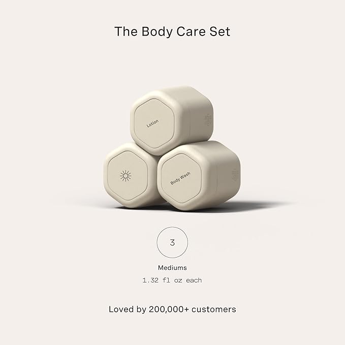 Cadence Travel Containers - Body Care Capsule Set - Magnetic Containers with Lids,Carry On Travel Essentials for Women/Men - 3 Flex Mediums (1.32oz) - Body Wash, Lotion & Sun Icon Labels - Sand