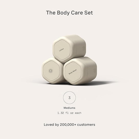 Cadence Travel Containers - Body Care Capsule Set - Magnetic Containers with Lids,Carry On Travel Essentials for Women/Men - 3 Flex Mediums (1.32oz) - Body Wash, Lotion & Sun Icon Labels - Sand