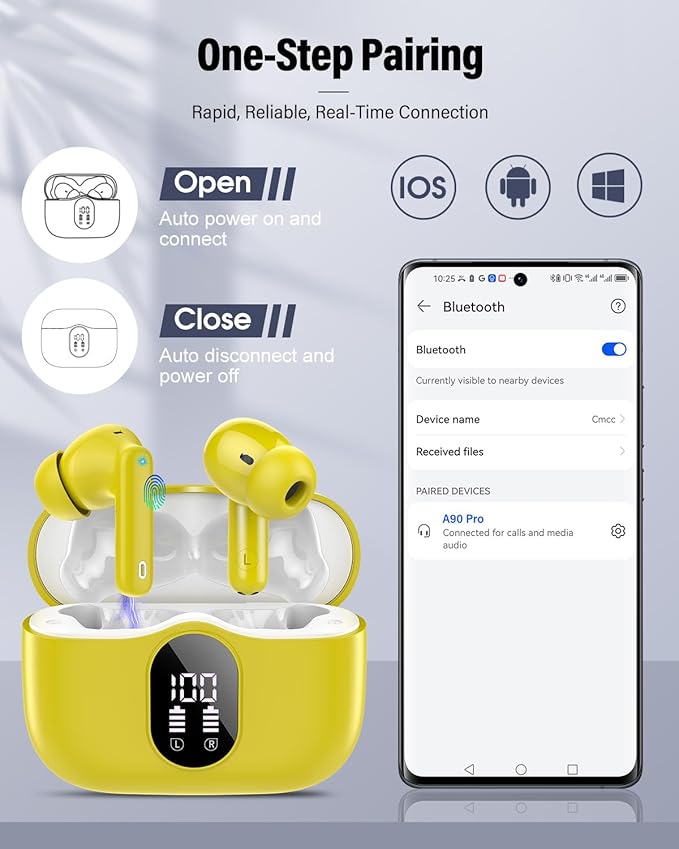 Wireless Earbuds, Bluetooth 5.4 Headphones Bass Stereo, Ear Buds with Noise Cancelling Mic, LED Display in Ear Earphones Clear Calls, IP7 Waterproof Bluetooth Earbuds for Laptop/Phones/Sports, Yellow