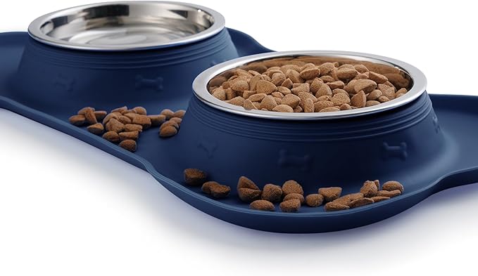 Hubulk Pet Dog Bowls 2 Stainless Steel Dog Bowl with No Spill Non-Skid Silicone Mat + Pet Food Scoop Water and Food Feeder Bowls for Feeding Small Medium Large Dogs Cats Puppies (Large, Navy Blue)