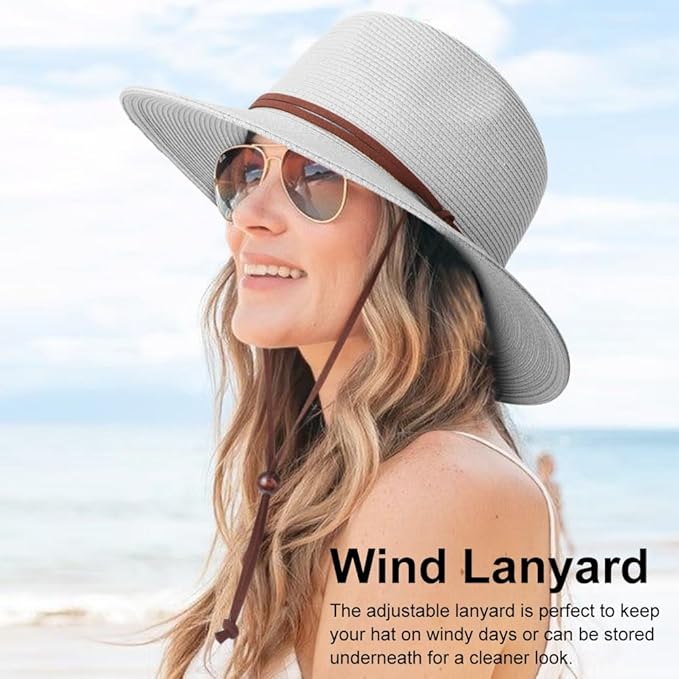 DRESHOW Women Straw Panama Hat Travel Fedora Beach Sun Hat Summer Wide Brim Straw Roll up Hat UPF 50+